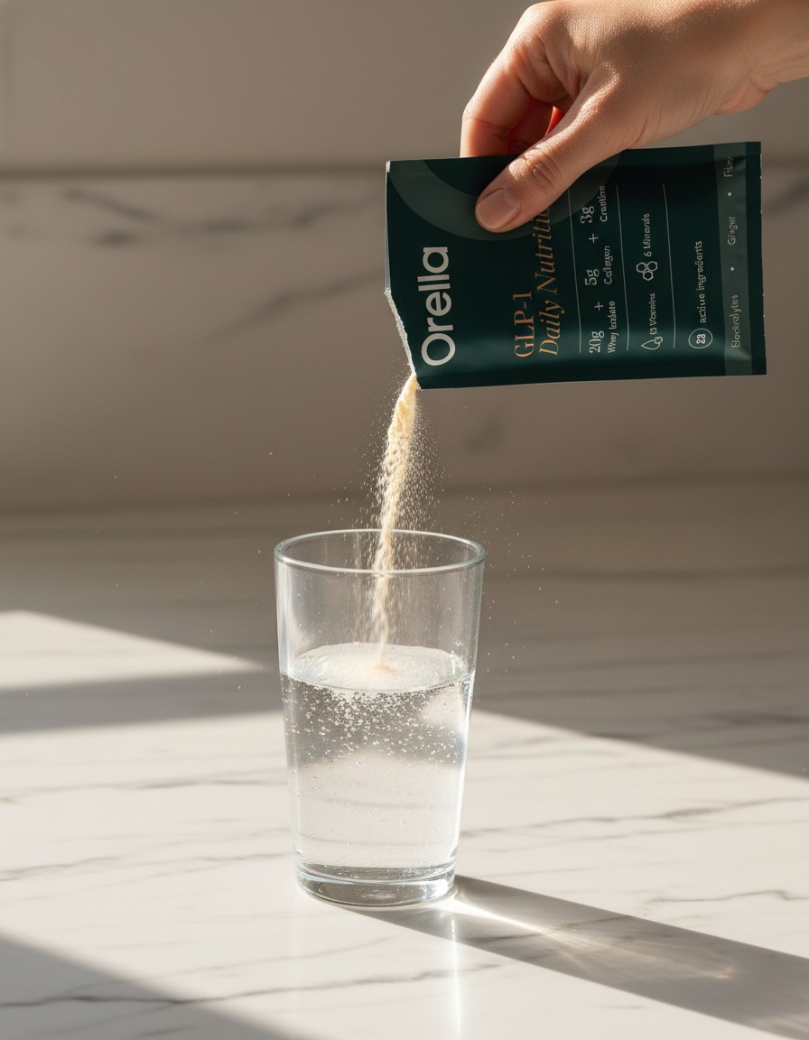 Pouring an Orella sachet into a glass of cold water