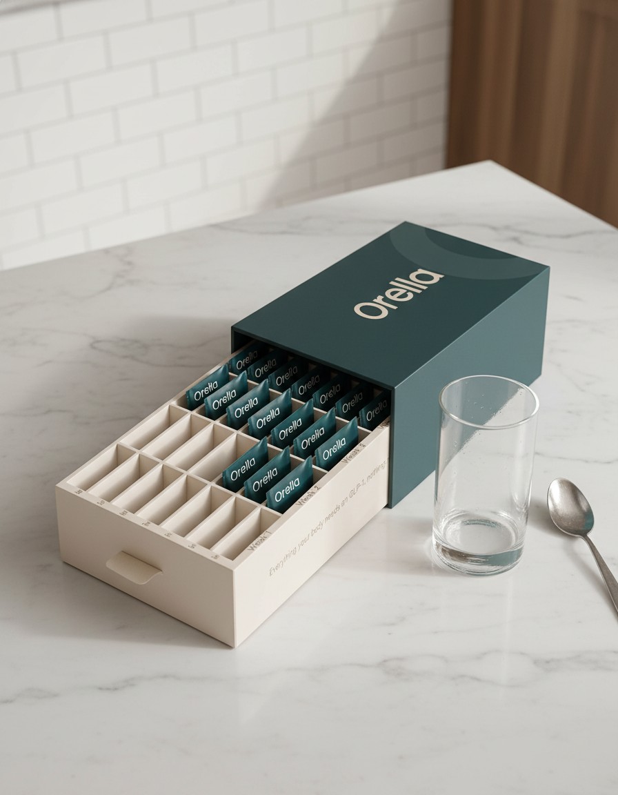The Orella box on a kitchen counter — one sachet a day